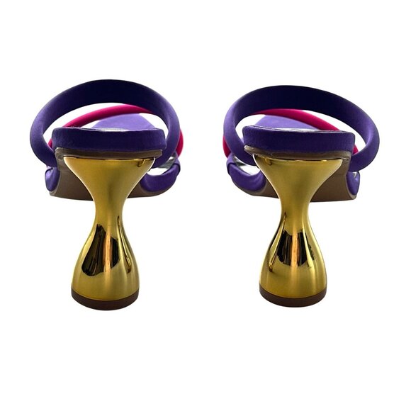 Gold Pyramid High Heel Mules Sandals Neon Pink & Purple Straps Chic Party Size 8 - Picture 7 of 9